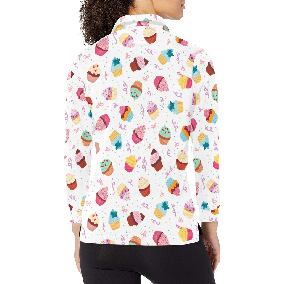 Cake cupcake design pattern Women's Long Sleeve Polo Shirt