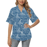 Hand drawn sailboat pattern Women's All Over Print Hawaiian Shirt