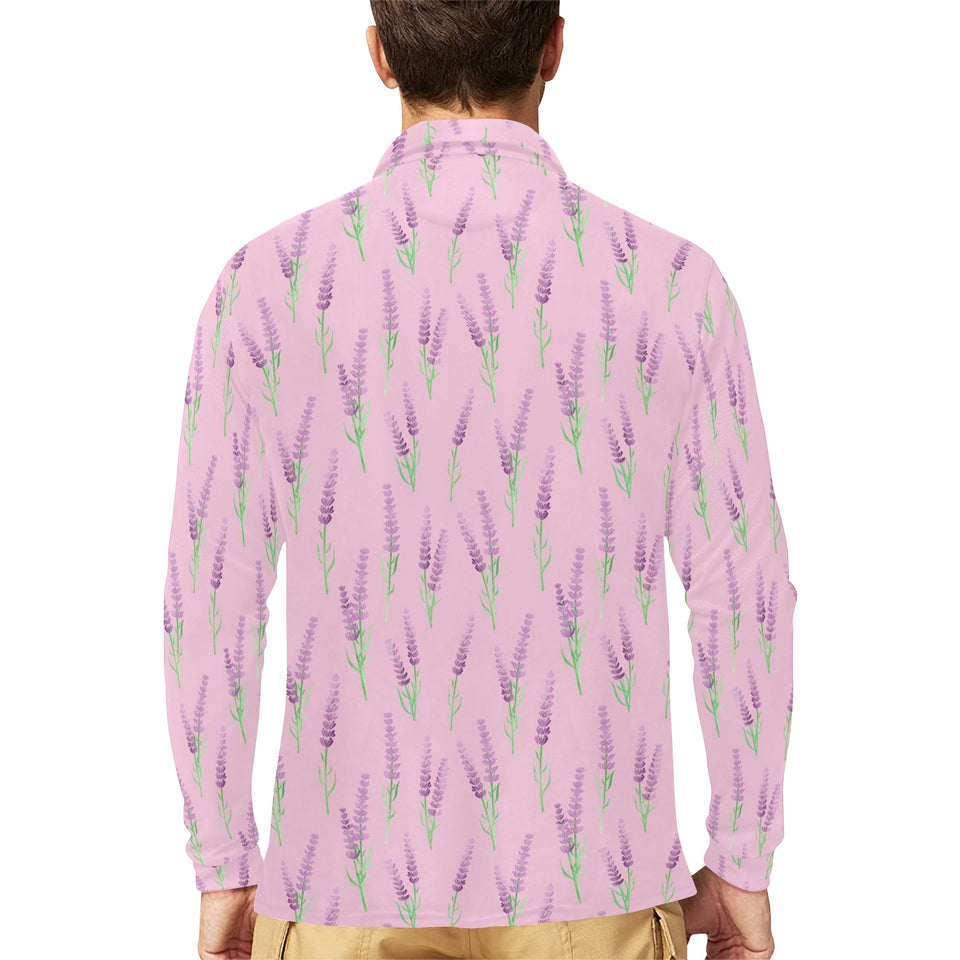 Lavender pattern pink background Men's Long Sleeve Polo Shirt