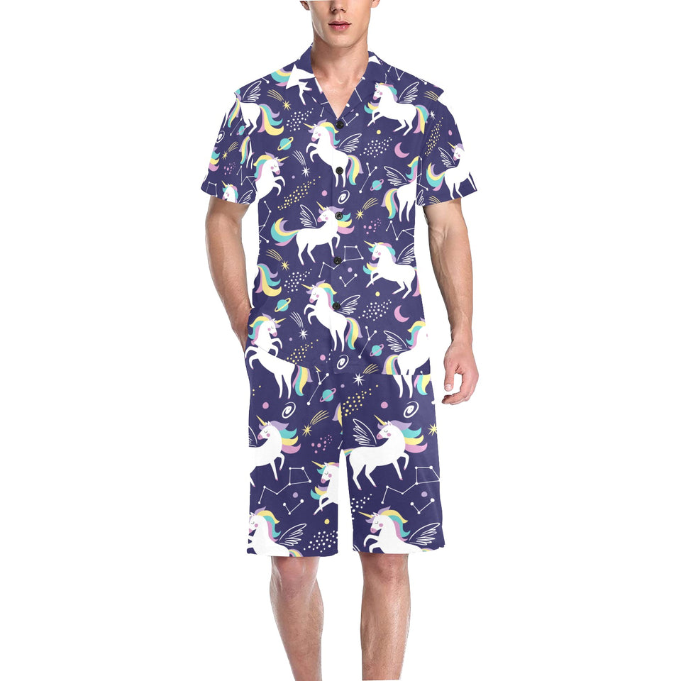 Hand drawn cute unicorn star planet Men's V-Neck Short Pajama Set