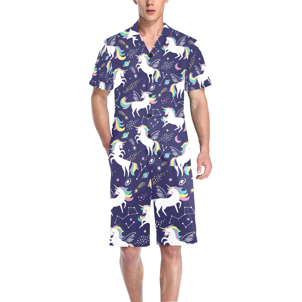 Hand drawn cute unicorn star planet Men's V-Neck Short Pajama Set