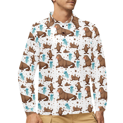 sea lion Seals jellyfish pattern Men's Long Sleeve Polo Shirt