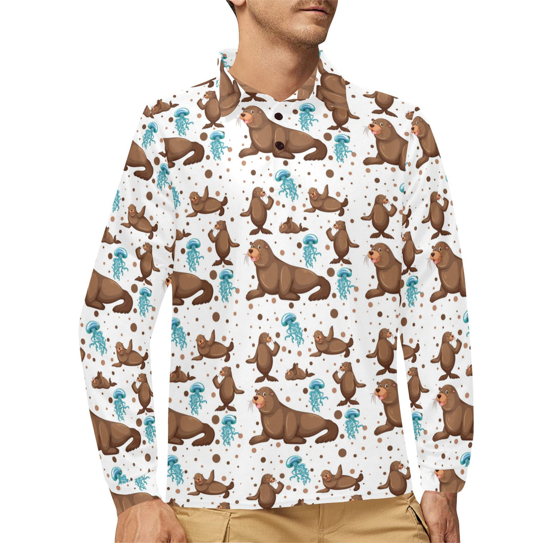 sea lion Seals jellyfish pattern Men's Long Sleeve Polo Shirt