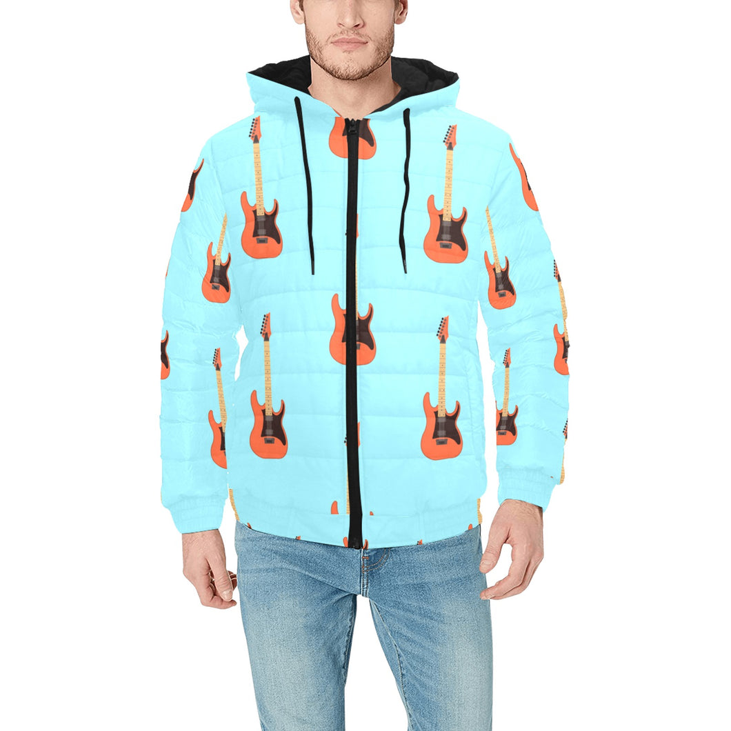 electric guitar pattern light blue background Men's Padded Hooded Jacket