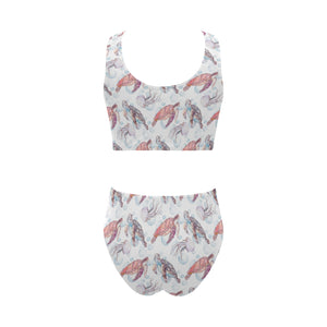 Watercolor sea turtle jellyfish pattern Chest Bowknot High Waisted Bikini Swimsuit