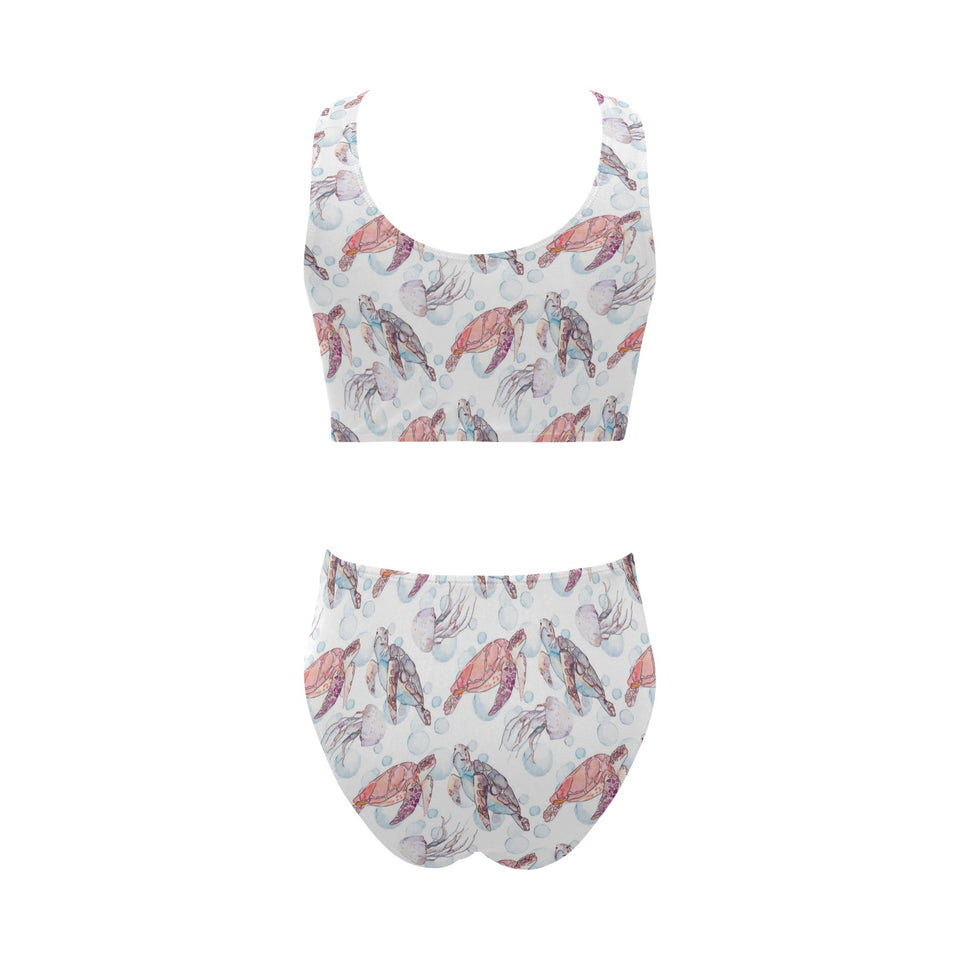 Watercolor sea turtle jellyfish pattern Chest Bowknot High Waisted Bikini Swimsuit