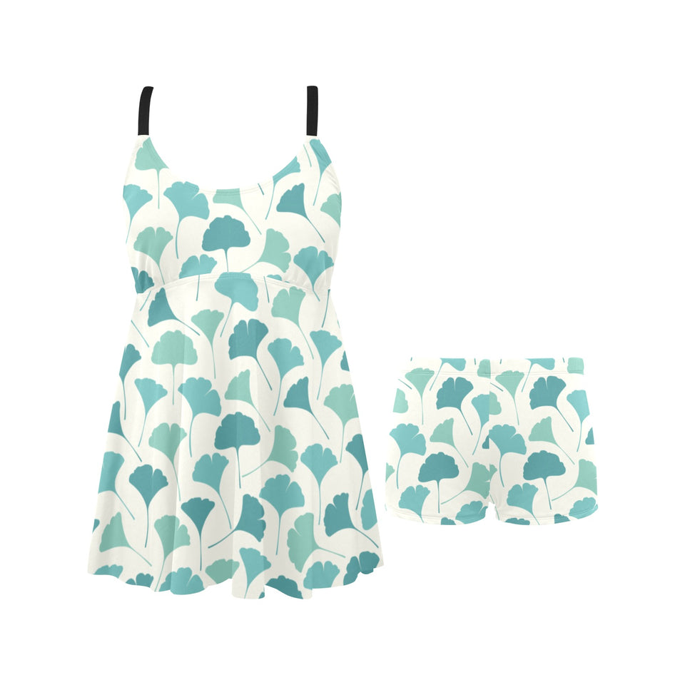 Green ginkgo leaves pattern Chest Sexy Pleated Two Piece Swim Dress