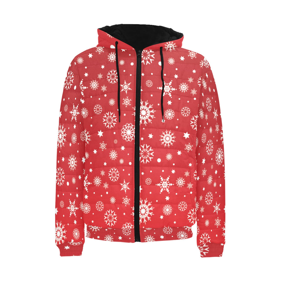 Snowflake pattern red background Men's Padded Hooded Jacket