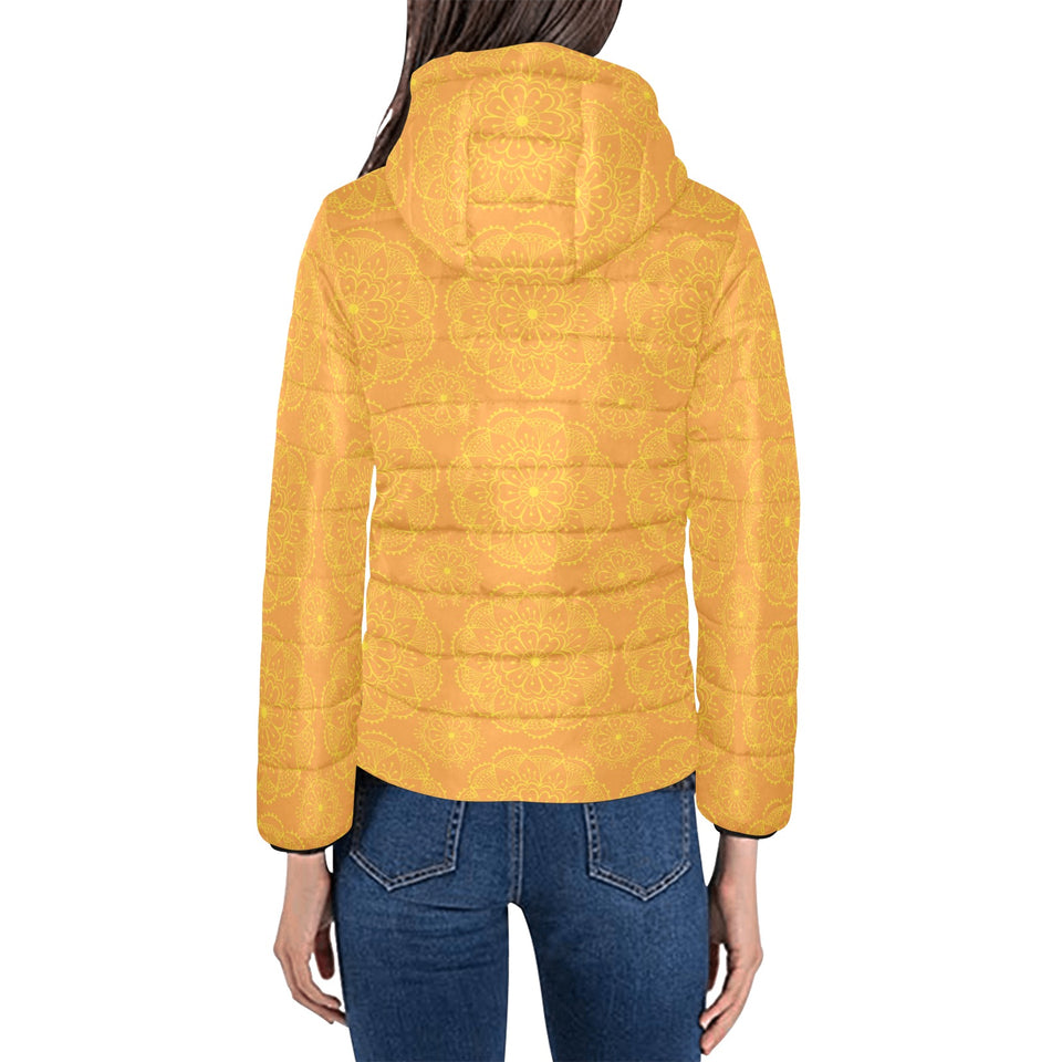 Orange traditional indian element pattern Women's Padded Hooded Jacket