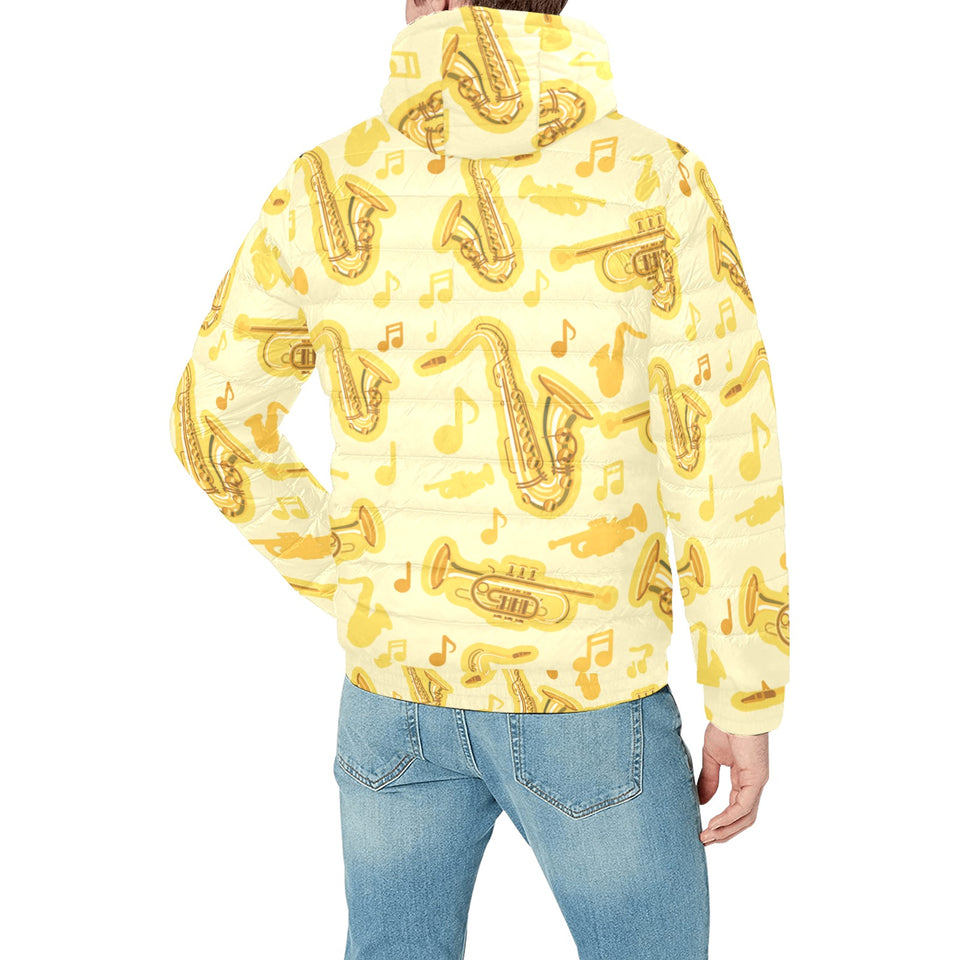 Saxophone cornet pattern yellow background Men's Padded Hooded Jacket
