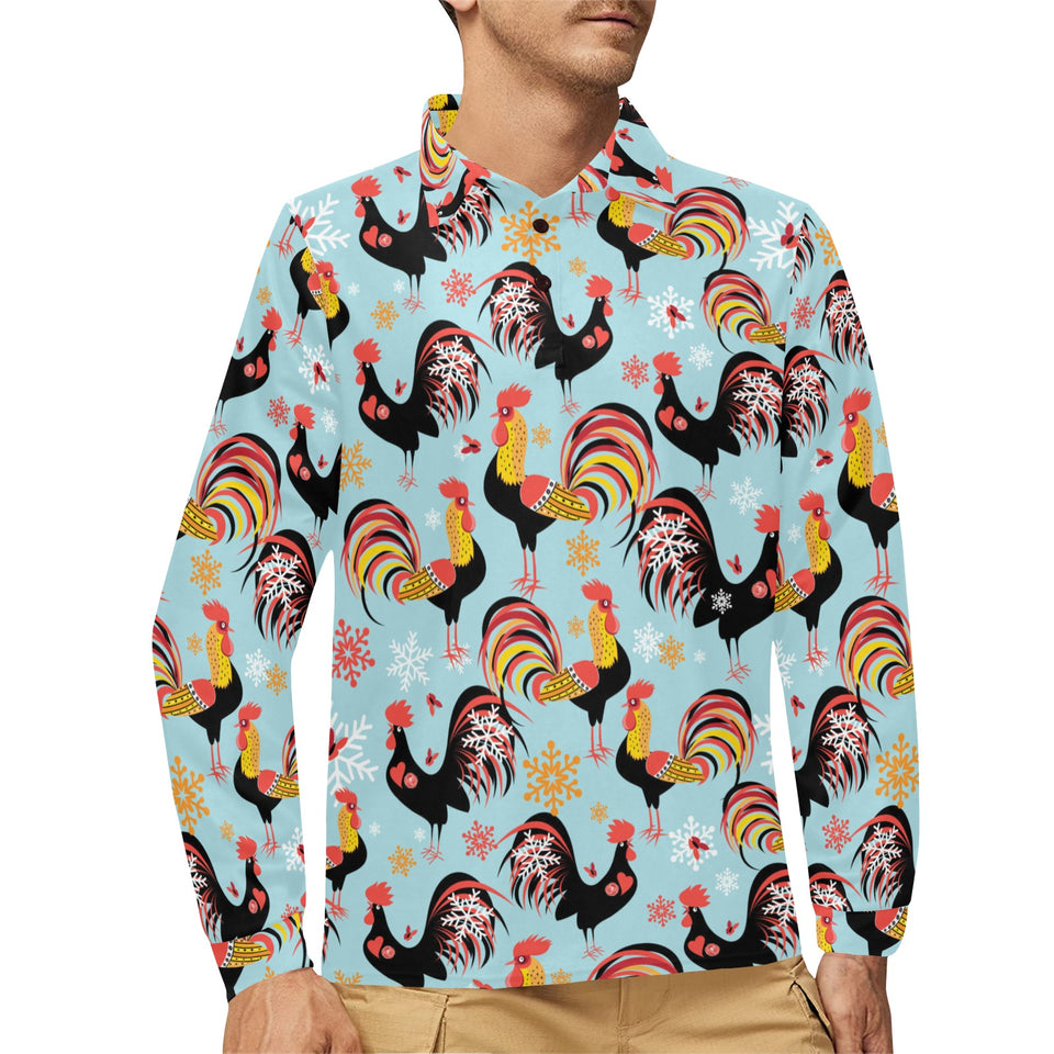 Rooster chicken cock snowfalke Men's Long Sleeve Polo Shirt