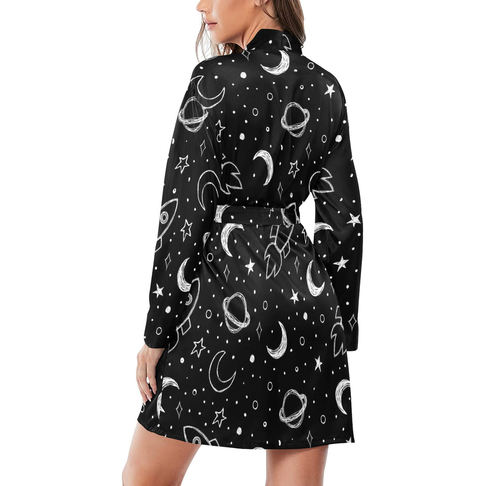 Hand drawn space rocket star planet Women's Long Sleeve Belted Night Robe