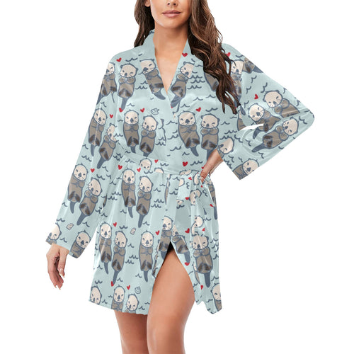 Lovely Sea Otter Pattern Women's Long Sleeve Belted Night Robe