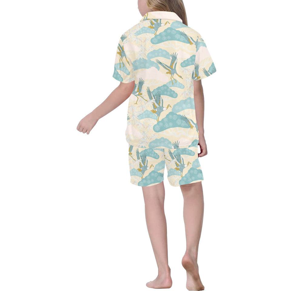 Bonsai bamboo stork japanese pattern cream theme Kids' Boys' Girls' V-Neck Short Pajama Set