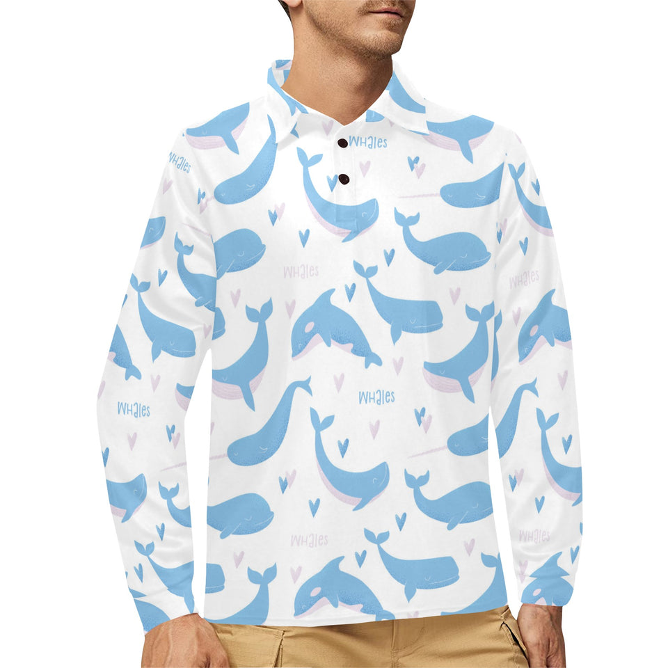 Blue whale pattern Men's Long Sleeve Polo Shirt