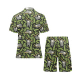 Cute sloths tropical palm leaves black background Men's V-Neck Short Pajama Set
