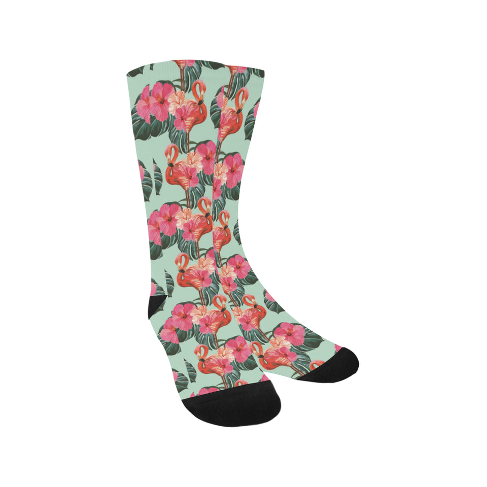 Beautiful flamingo tropical palm leaves hibiscus p Crew Socks