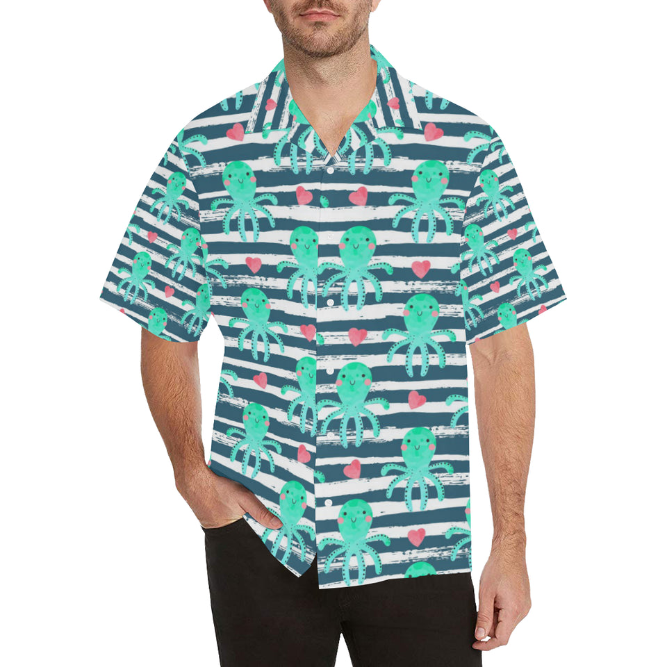 Cute octopuses heart striped background Men's All Over Print Hawaiian Shirt