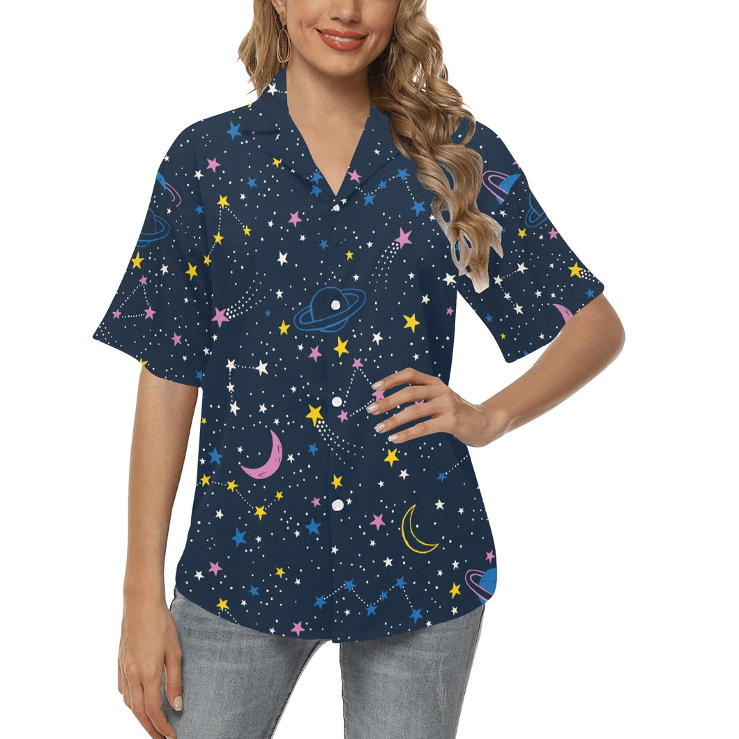 space pattern with planets, comets, constellations Women's All Over Print Hawaiian Shirt