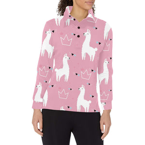Llama Alpaca pink background Women's Long Sleeve Polo Shirt