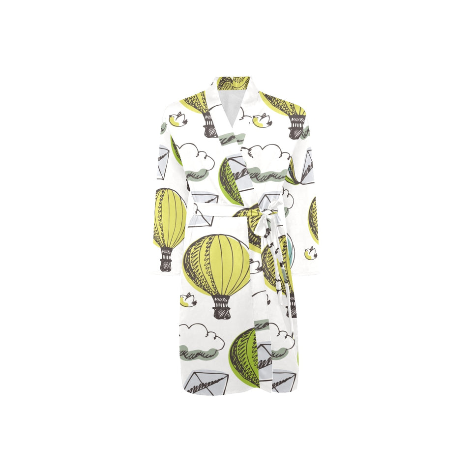 Hot Air Balloon Bird Cloud Pattern Men's Long Sleeve Belted Night Robe