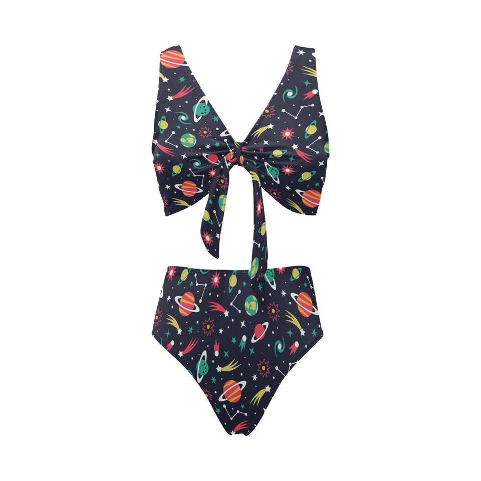 colorful space pattern planet star Chest Bowknot High Waisted Bikini Swimsuit