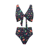 colorful space pattern planet star Chest Bowknot High Waisted Bikini Swimsuit