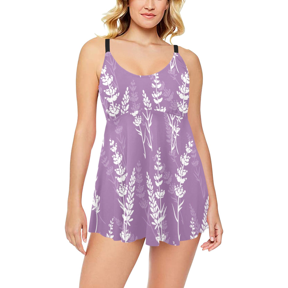 Lavender flowers purple pattern Chest Sexy Pleated Two Piece Swim Dress