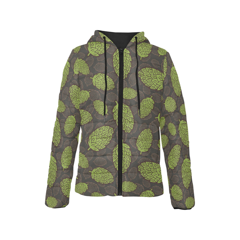 Hop pattern black background Women's Padded Hooded Jacket