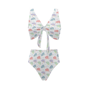 Hippopotamus Pattern Print Design 03 Chest Bowknot High Waisted Bikini Swimsuit