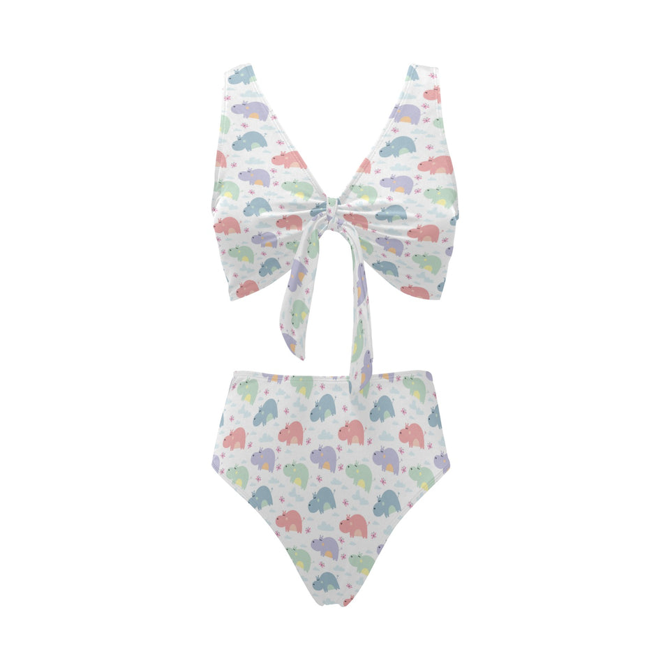 Hippopotamus Pattern Print Design 03 Chest Bowknot High Waisted Bikini Swimsuit