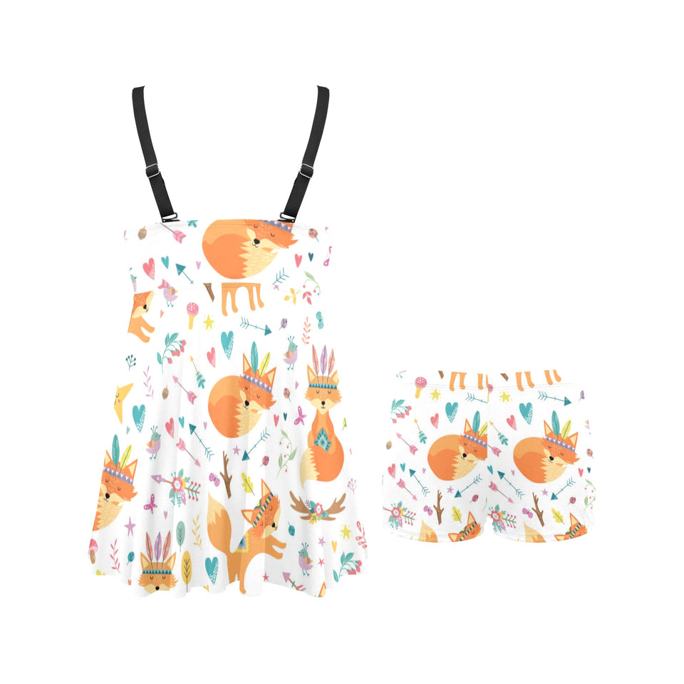 cute tribal fox pattern Chest Sexy Pleated Two Piece Swim Dress