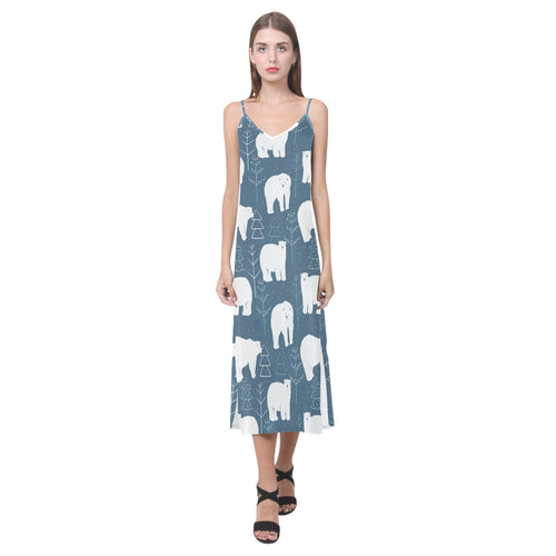 polar bear mother her child pattern V-Neck Open Fork Long Dress