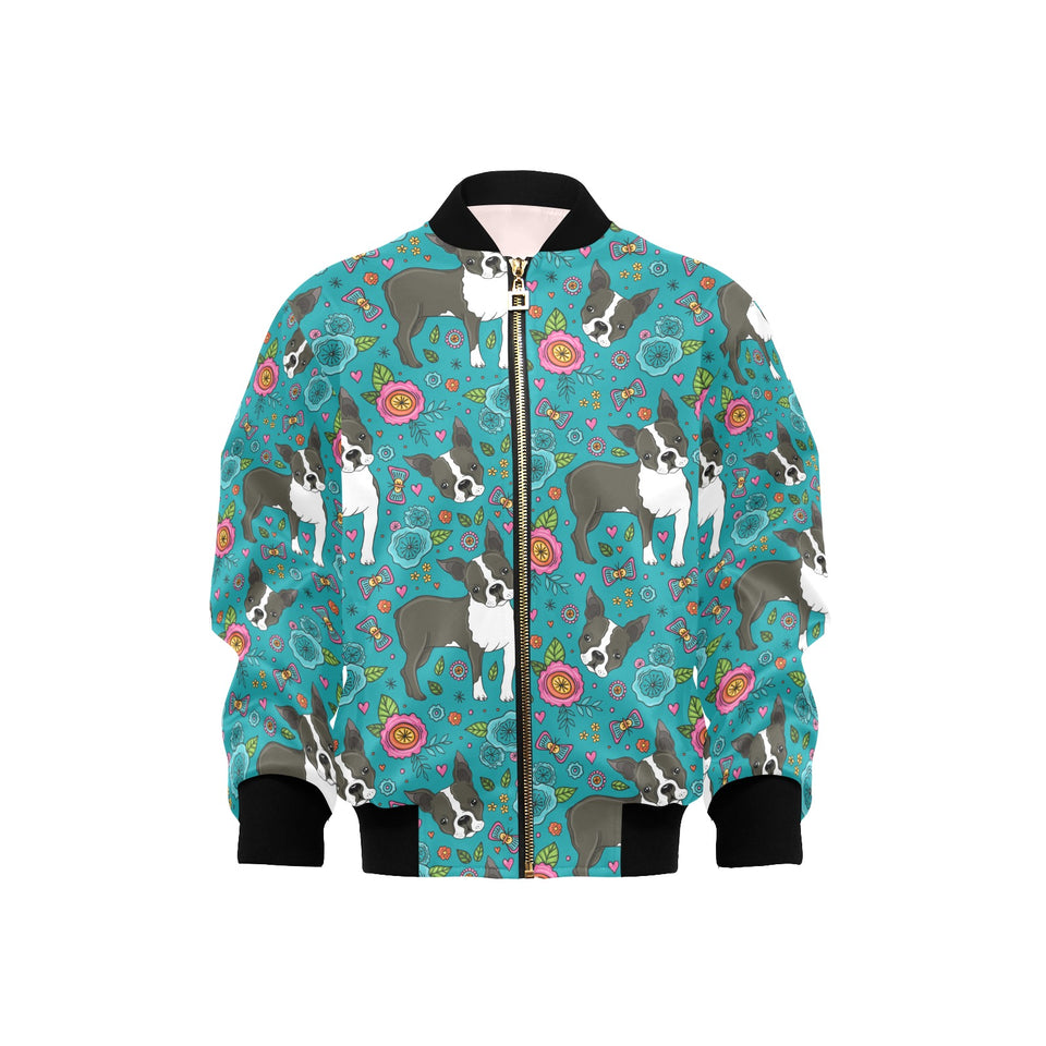 Boston terrier beautiful flower pattern Kids' Boys' Girls' Bomber Jacket