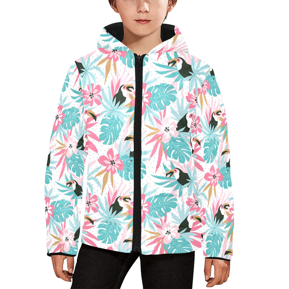 Toucan tropical flower leave pattern Kids' Boys' Girls' Padded Hooded Jacket