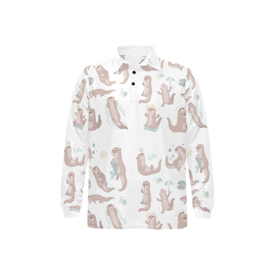 Cute sea otters pattern Men's Long Sleeve Polo Shirt