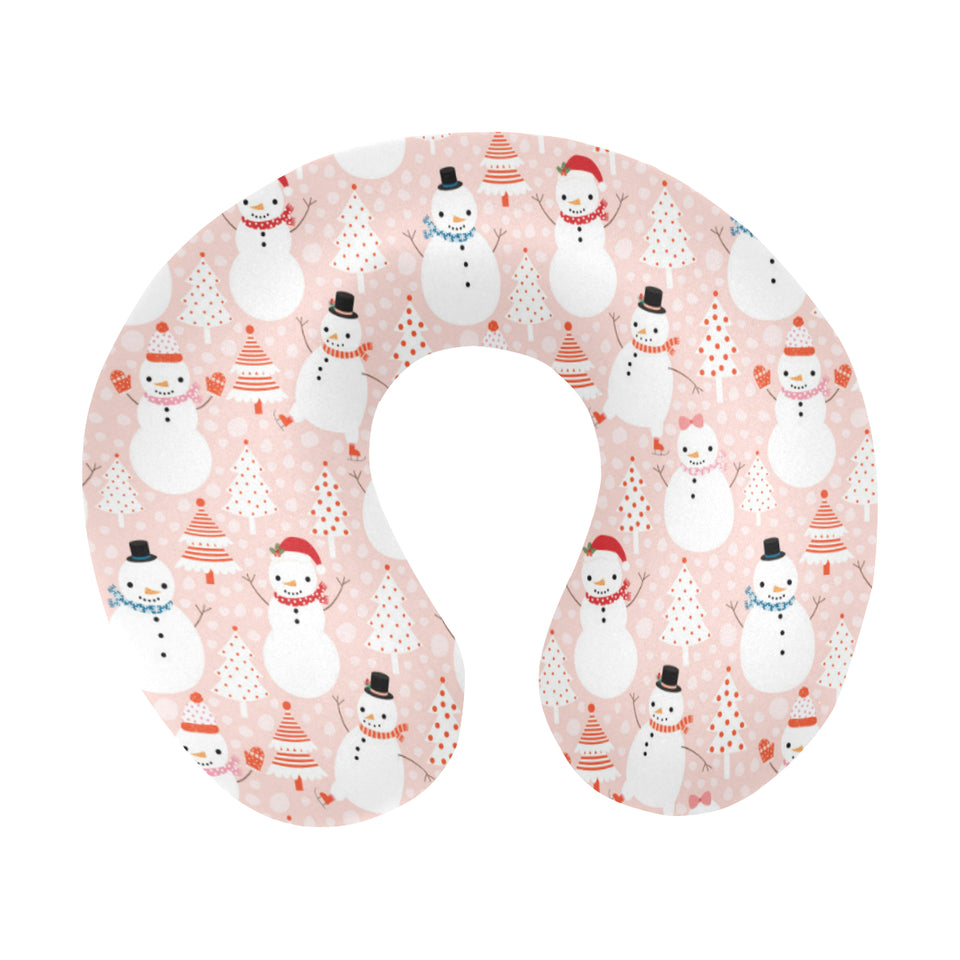 Cute snowman christmas tree snowpink background U-Shaped Travel Neck Pillow