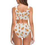 Brown pomeranian pattern Chest Bowknot High Waisted Bikini Swimsuit