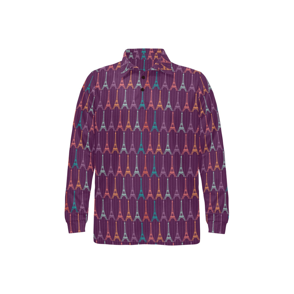 Eiffel Tower Pattern Print Design 05 Men's Long Sleeve Polo Shirt