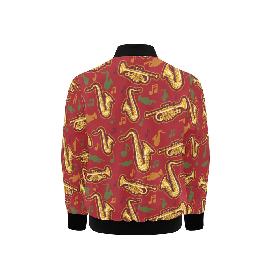 Saxophone cornet pattern red background Kids' Boys' Girls' Bomber Jacket
