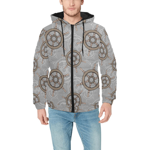 nautical wood steering wheel pattern Men's Padded Hooded Jacket