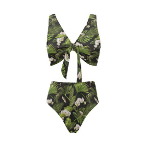 White orchid flower tropical leaves pattern blackg Chest Bowknot High Waisted Bikini Swimsuit