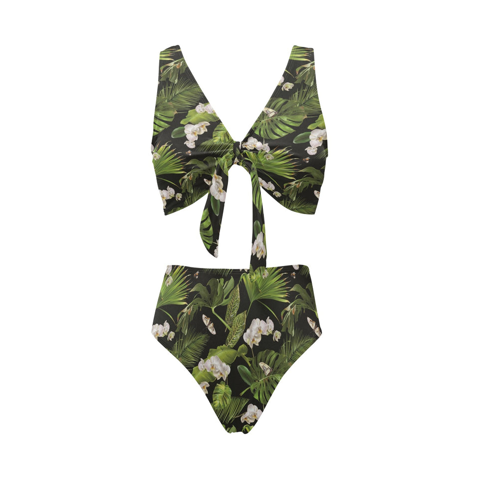 White orchid flower tropical leaves pattern blackg Chest Bowknot High Waisted Bikini Swimsuit