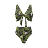 White orchid flower tropical leaves pattern blackg Chest Bowknot High Waisted Bikini Swimsuit