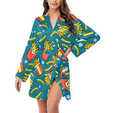 French fries red paper box pattern Women's Long Sleeve Belted Night Robe