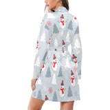 Snowman christmas tree snow gray background Women's Long Sleeve Belted Night Robe