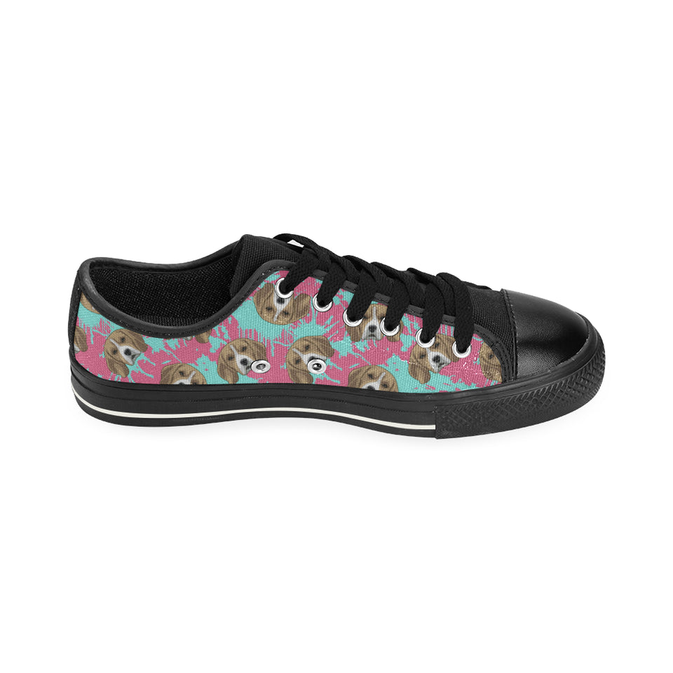 Beagle muzzles turquoise paint splashes pink patte Men's Low Top Canvas Shoes Black