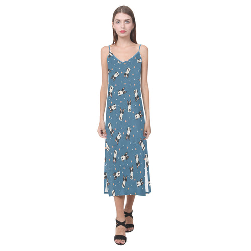 Cute boston terrier dog spattern V-Neck Open Fork Long Dress