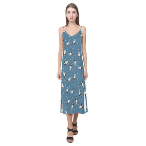 Cute boston terrier dog spattern V-Neck Open Fork Long Dress