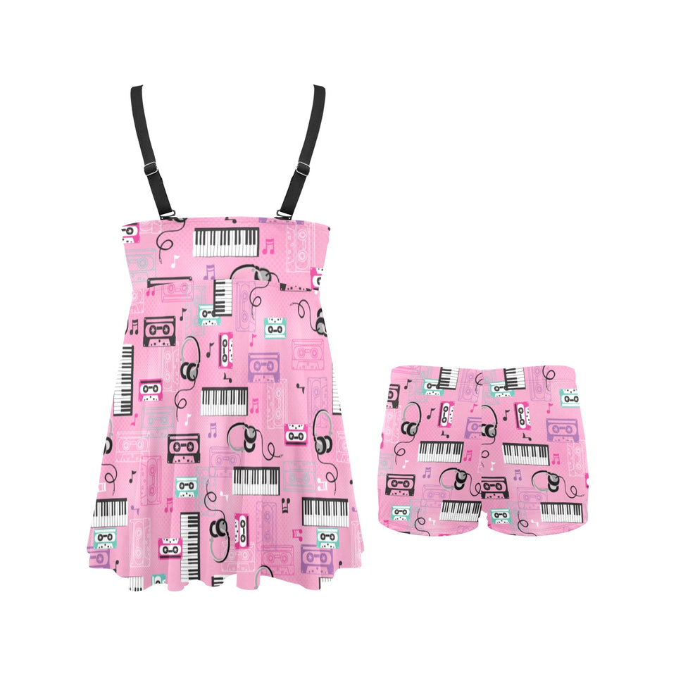 Piano Pattern Print Design 01 Chest Sexy Pleated Two Piece Swim Dress